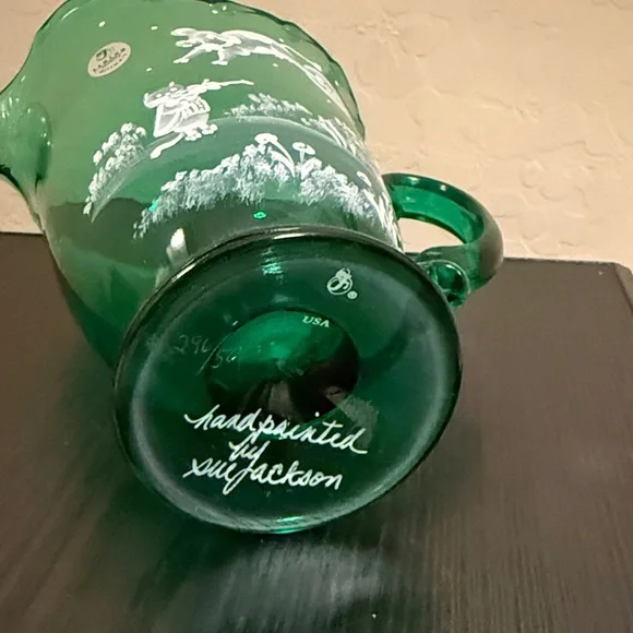 Fenton Green Glass Pitcher with Whimsical White Design - Picture 8 of 10